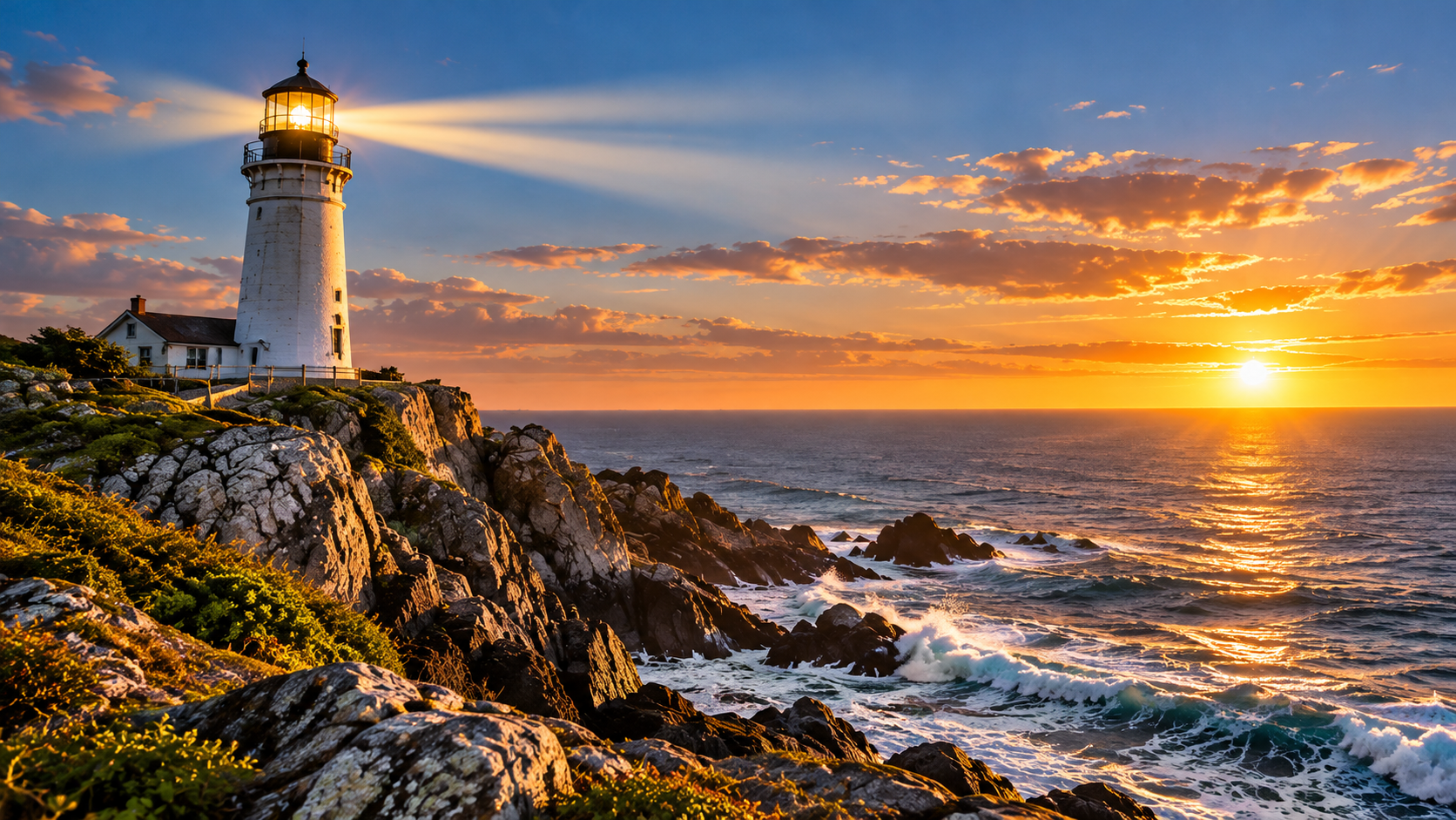 Phare éclairant une côte rocheuse au lever du soleil, symbole de la vie de Christ annoncée au monde.