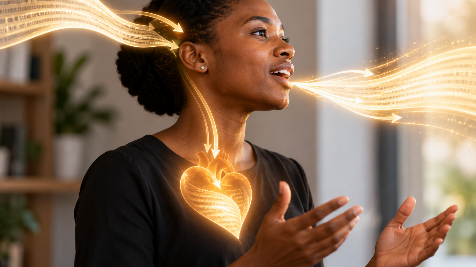 Femme illustrant la Parole reçue dans le cœur puis exprimée par la bouche, selon le principe biblique : Dieu a dit afin que nous puissions dire.
