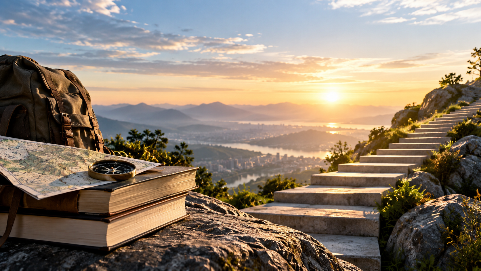 Une Bible, des livres, une carte et une boussole au départ d’un chemin qui s’élève vers les hauteurs, illustrant « La connaissance de Dieu se poursuit » et la progression dans la connaissance de la Parole de Dieu.