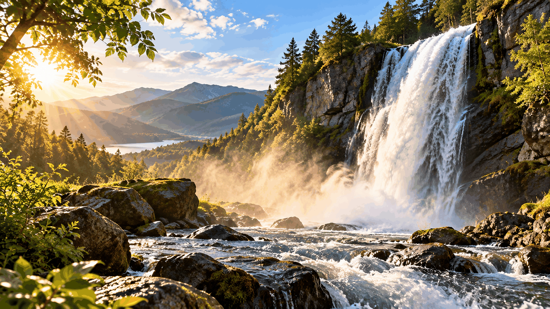 Une puissante cascade traversant un paysage montagneux verdoyant, illuminée par les rayons du soleil, évoquant la puissance, la vie et l'action du Saint-Esprit.