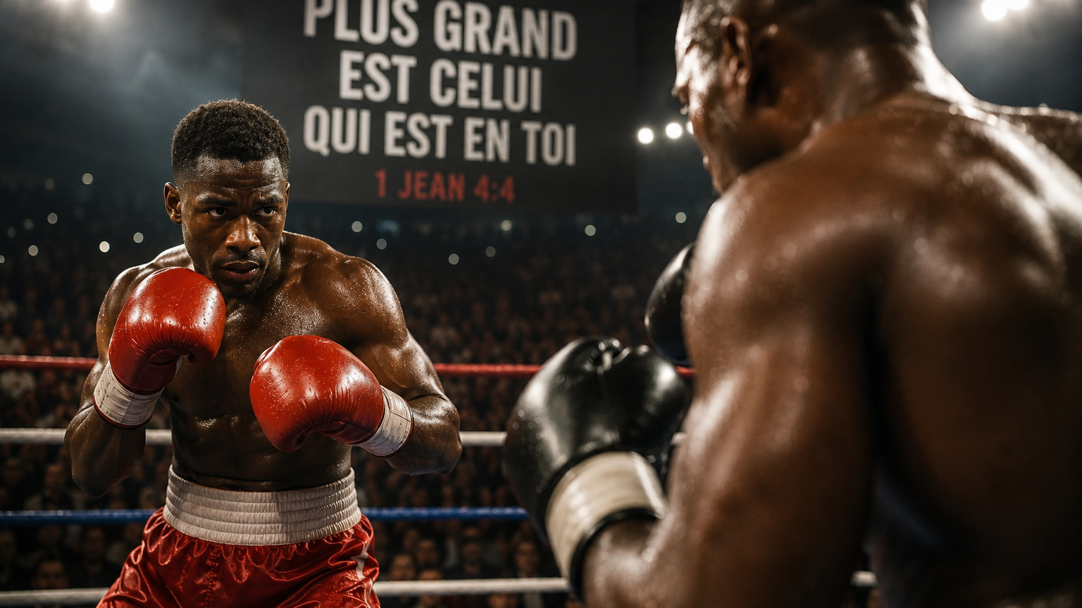 Boxeur faisant face à son adversaire avec détermination, illustrant la foi qui tient ferme devant les défis et remporte la victoire en Christ.