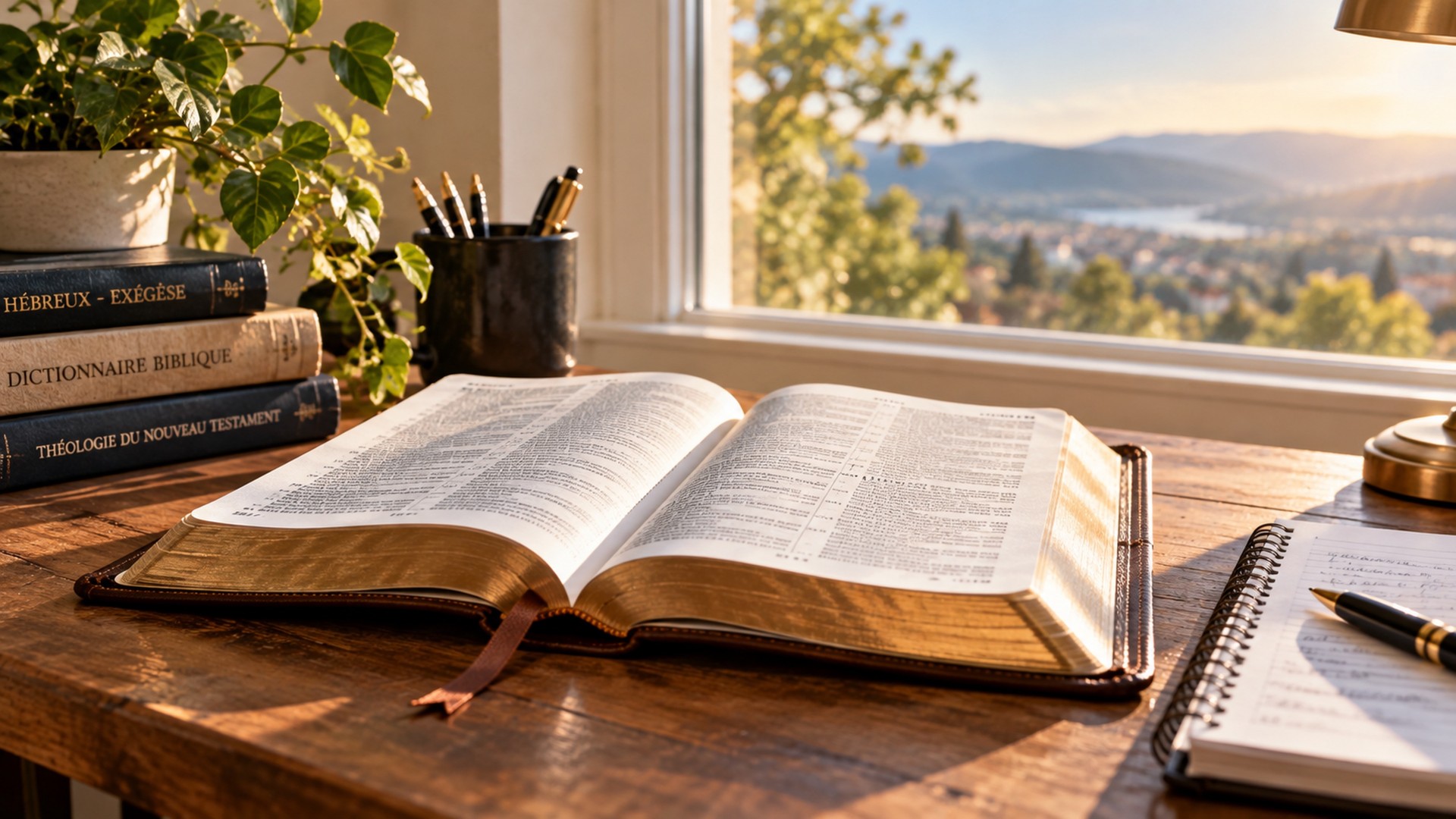 Bible ouverte sur un bureau dans une bibliothèque paisible, éclairée par la lumière naturelle.
