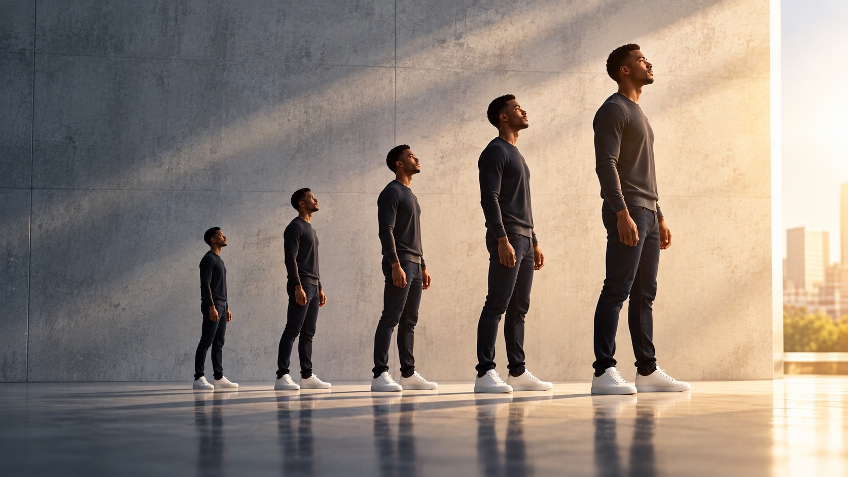 Une succession de silhouettes d'un même homme évoluant progressivement vers une posture assurée, illustrant la croissance continue dans la grâce, la foi et la gloire en Christ.