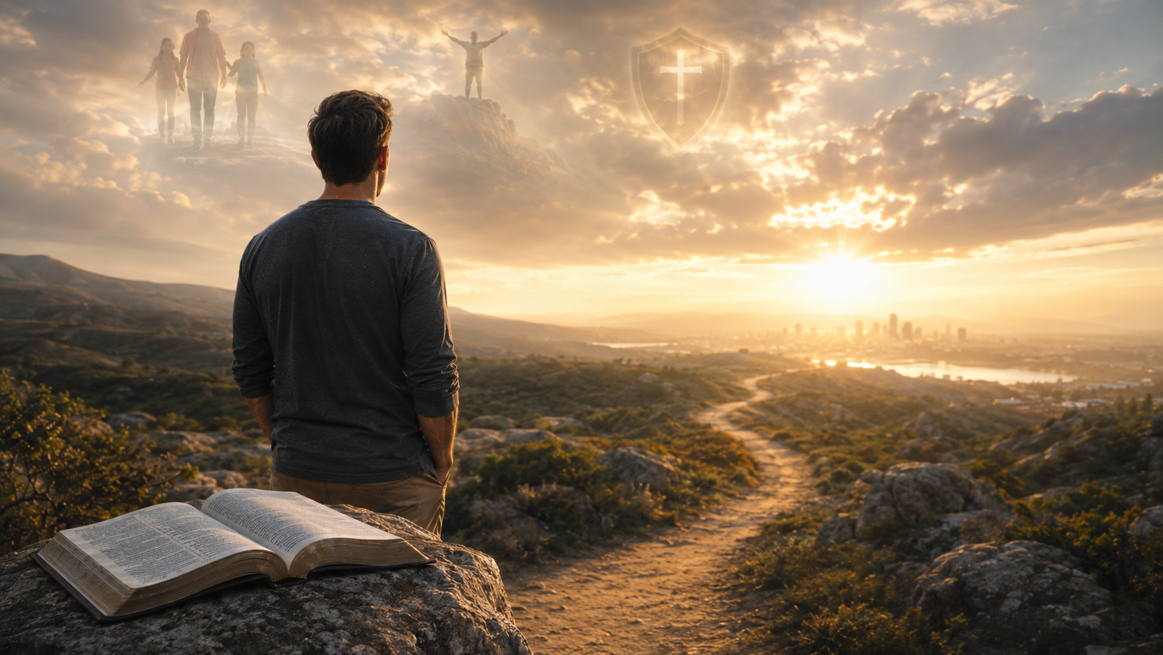 Homme contemplant un chemin vers l’horizon avec une Bible ouverte, illustrant les images de foi façonnées par la Parole de Dieu.